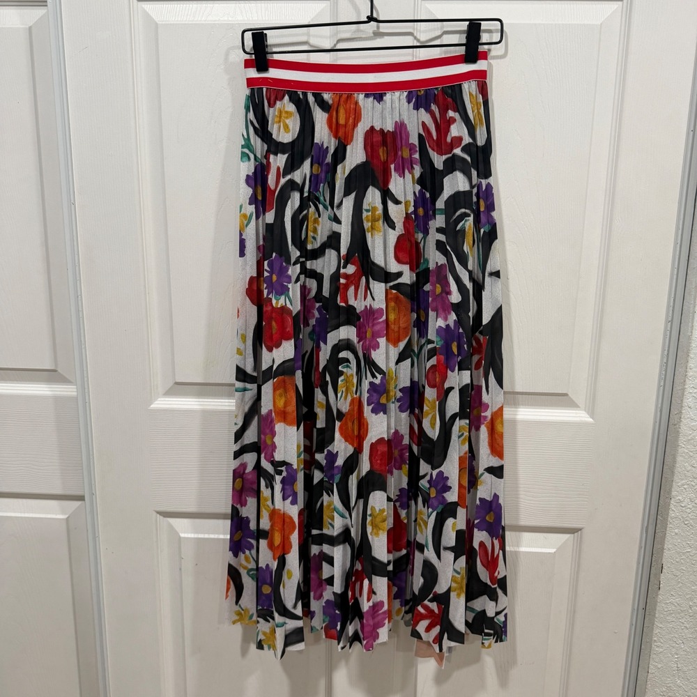 Stella Jean Floral Pleated Midi Skirt Multi-Color Striped Waistband Italy 44